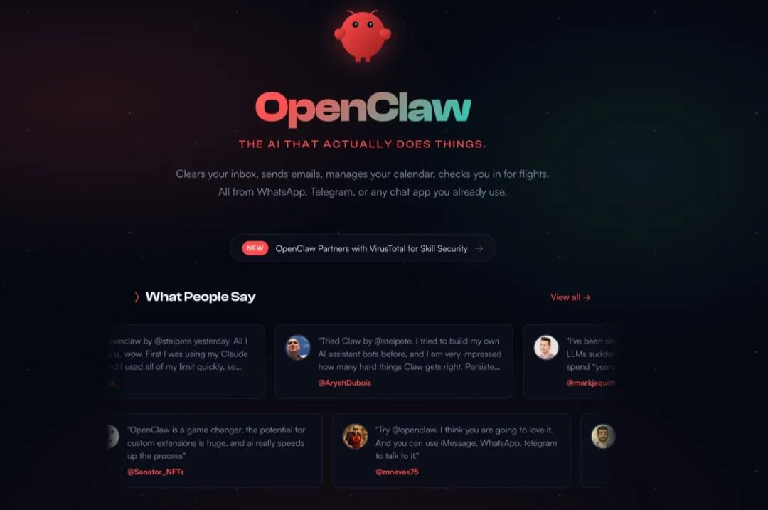 OpenClaw 官网首页,标语「The AI that actually does things」,下方是用户评价卡片