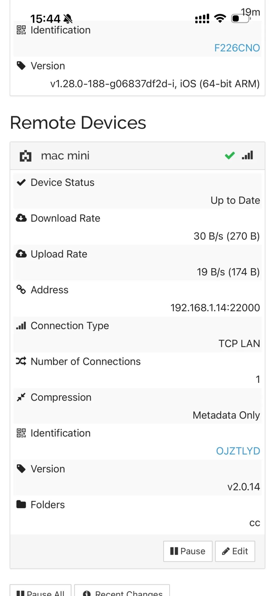Mobius Sync 的远程设备详情:mac mini 状态为 Up to Date,连接类型 TCP LAN,经局域网直连